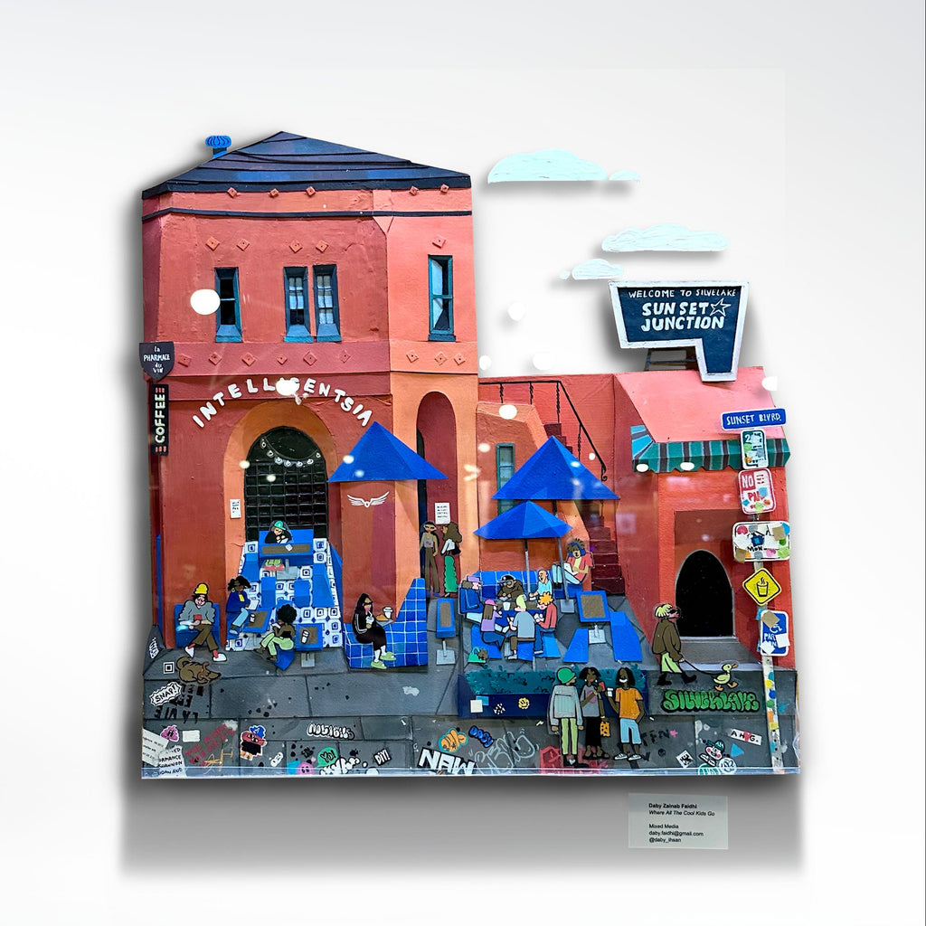 Warm red Mixed media/three-dimensional, architectural hand painting, of Intelligentsia Cafe in Silver Lake, Los Angeles, with Hipsters, colorful in fashion, people  17x20."
